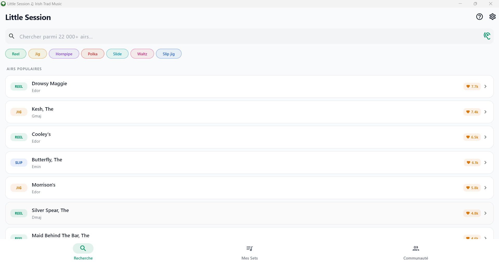 Écran de recherche avec filtres et airs populaires