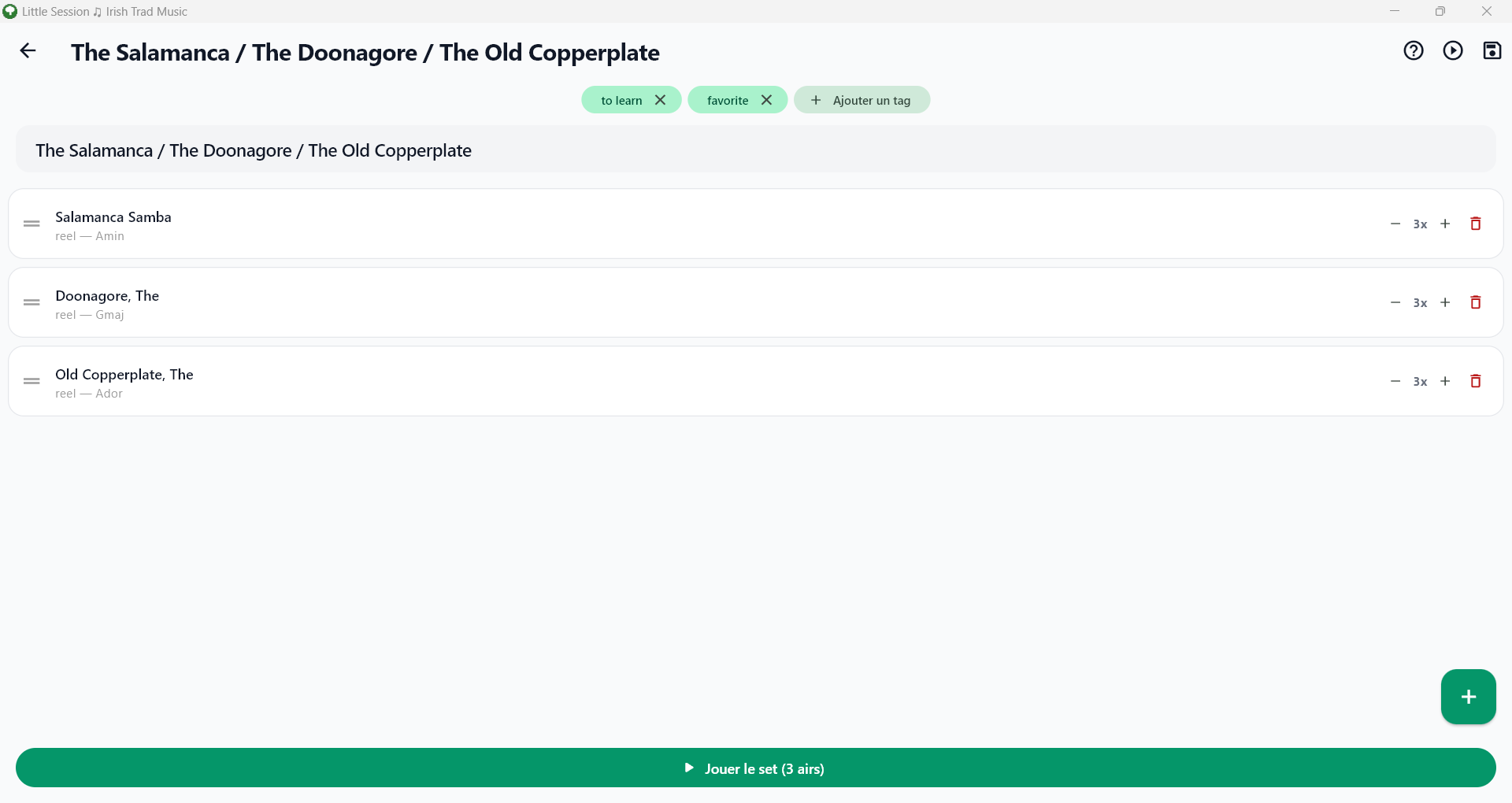 Éditeur de set avec 3 airs, tags et bouton Jouer