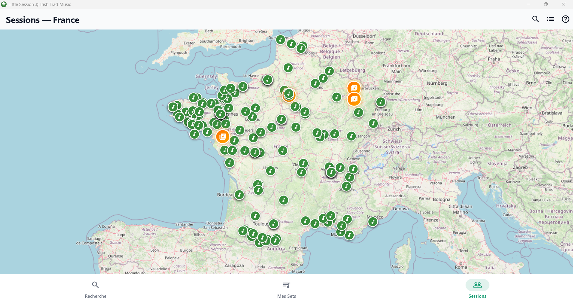 Carte des sessions de musique trad en France