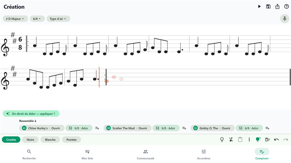 Mode Cr&eacute;ation : composez un air avec partition, suggestions et capture micro
