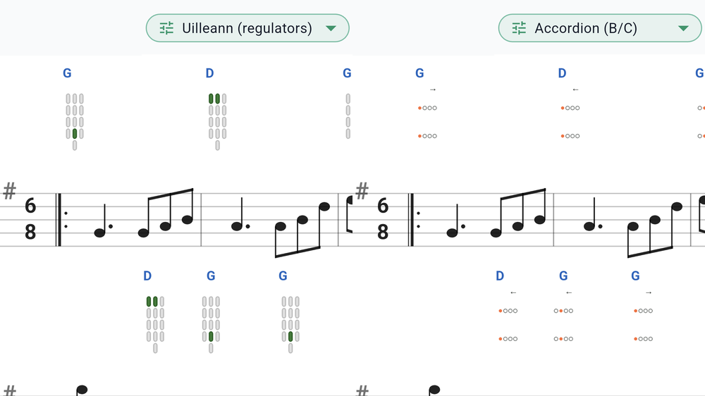 Régulateurs d'uilleann et basses d'accordéon diatonique posés sur la partition comme des diagrammes d'accords