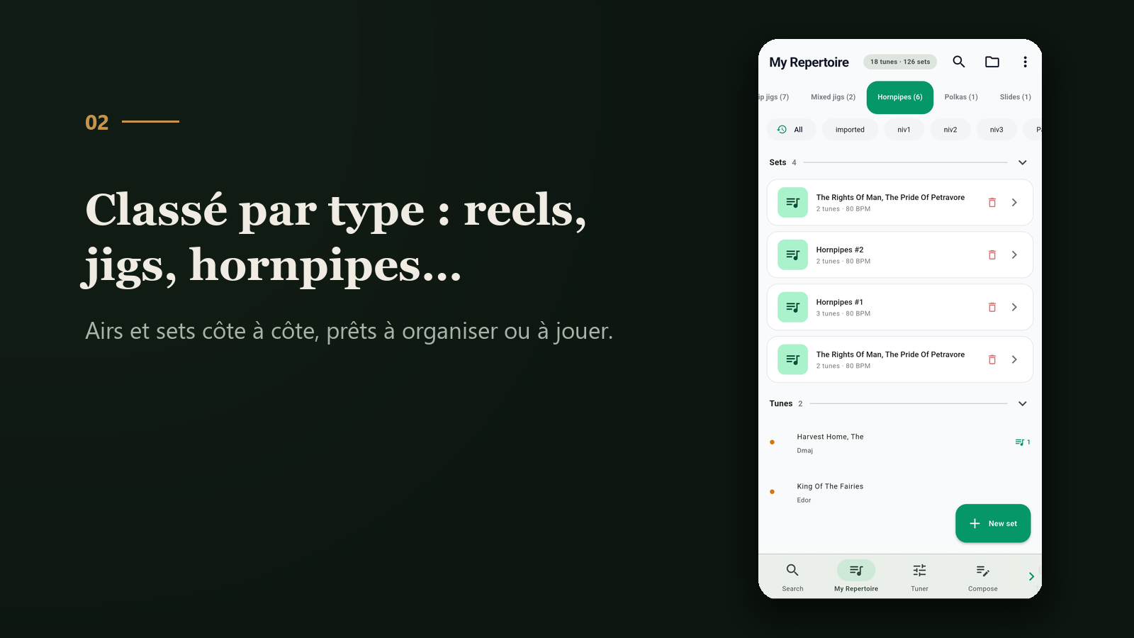 R&eacute;pertoire class&eacute; par type : reels, jigs, hornpipes