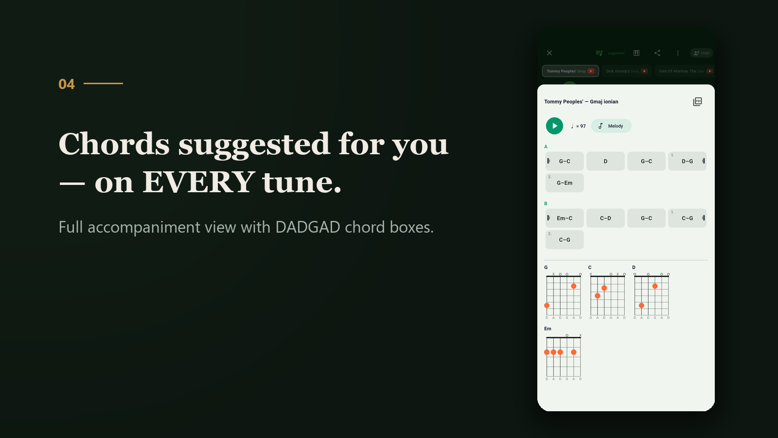 Chords suggested on every tune, with DADGAD chord boxes