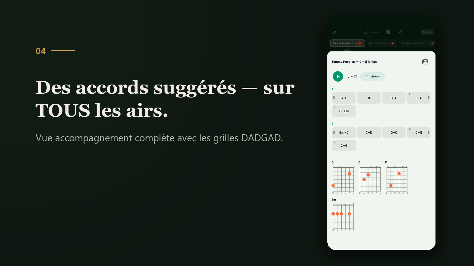 Des accords sugg&eacute;r&eacute;s sur tous les airs, avec les grilles DADGAD
