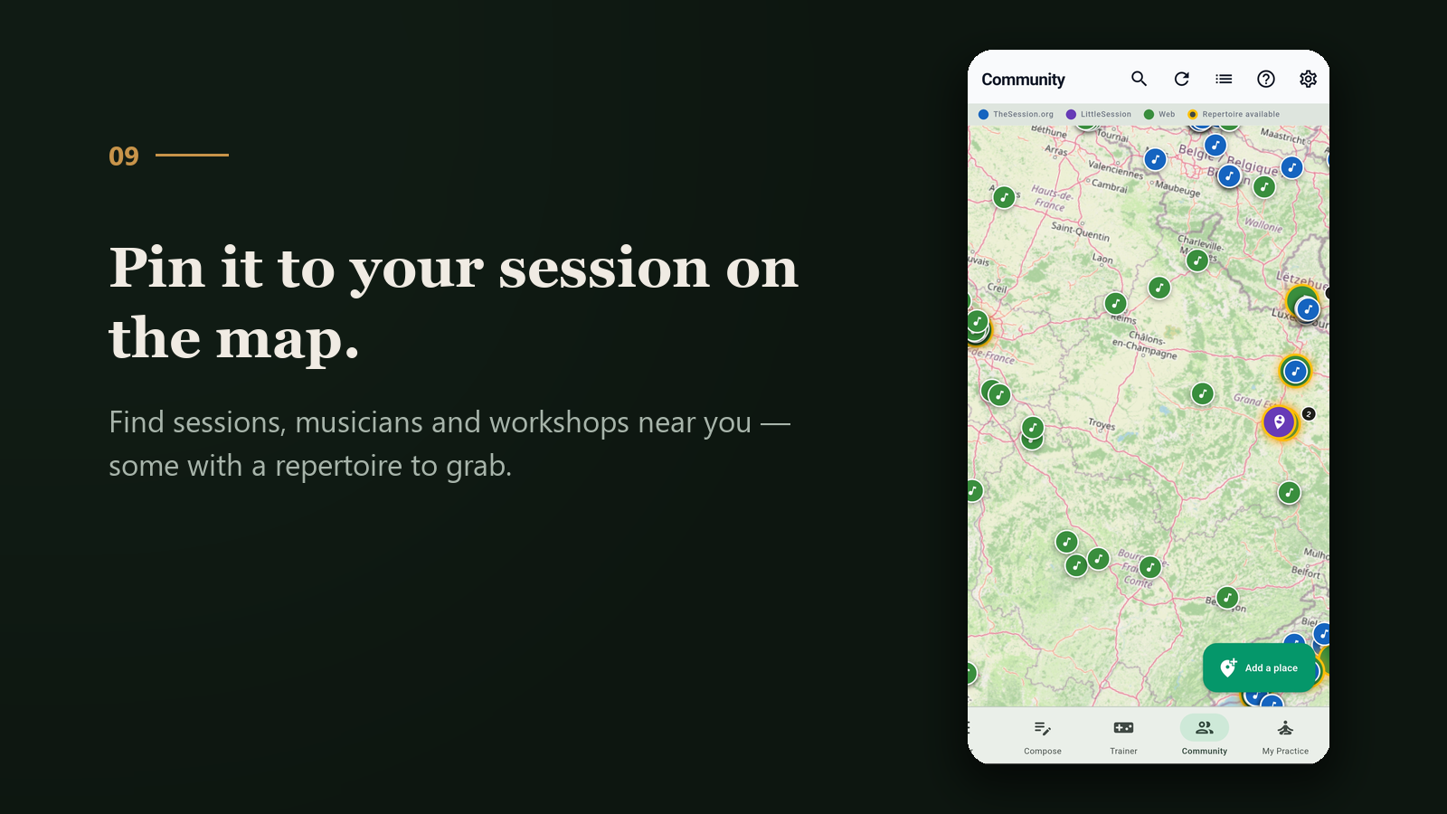 Pin your repertoire to your session on the community map